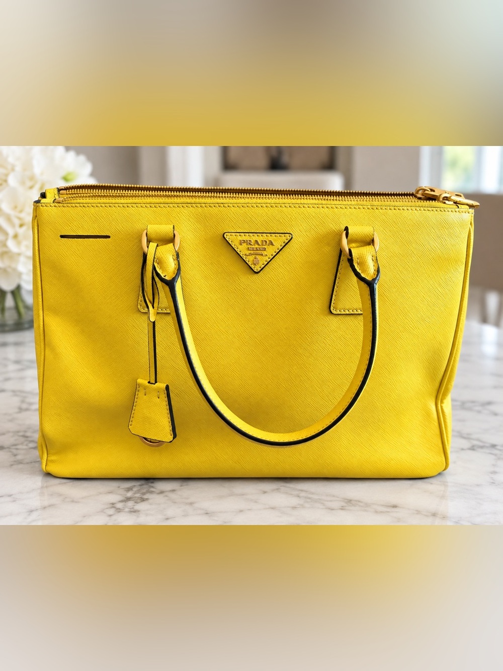 Prada Galleria Saffiano Leather Double Zip Tote Yellow Medium